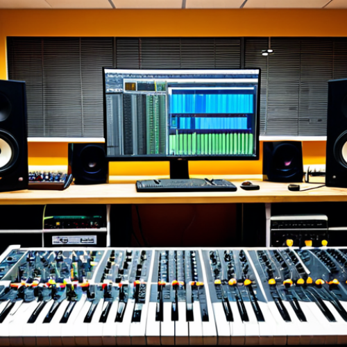 A Sound Artist's Workspace**

A bright and airy studio filled with various sound-related equipment. We see a computer with audio editing software on the screen, several microphones of different types, a mixing console, and various acoustic panels on the walls. Shelves are stocked with field recording devices, headphones, and cables. A fully clothed artist, dressed in comfortable but professional attire, is seated at the console, seemingly engrossed in their work. The scene conveys creativity, focus, and a passion for sound. Safe for work, appropriate content, fully clothed, professional setting, perfect anatomy, natural proportions, high resolution.

**