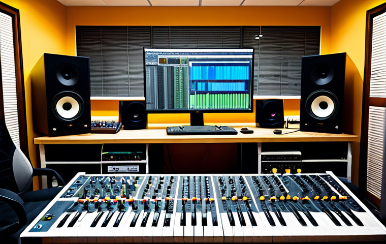 A Sound Artist's Workspace**
A bright and airy studio filled with various sound-related equipment. We see a computer with audio editing software on the screen, several microphones of different types, a mixing console, and various acoustic panels on the walls. Shelves are stocked with field recording devices, headphones, and cables. A fully clothed artist, dressed in comfortable but professional attire, is seated at the console, seemingly engrossed in their work. The scene conveys creativity, focus, and a passion for sound. Safe for work, appropriate content, fully clothed, professional setting, perfect anatomy, natural proportions, high resolution.
**