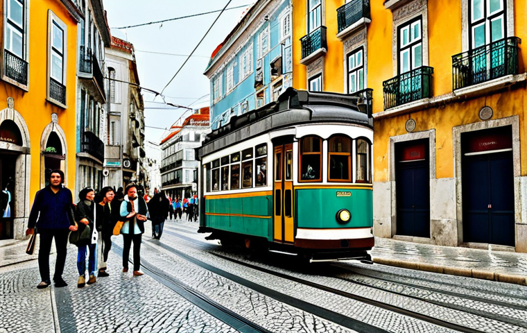 Urban Soundscape**
"A bustling Lisbon street corner, fully clothed people walking by, a vintage tram passing, sounds of street musicians playing Fado music, architectural details of old buildings, appropriate attire, safe for work, perfect anatomy, correct proportions, family-friendly scene, professional photography, high quality, modest."
**