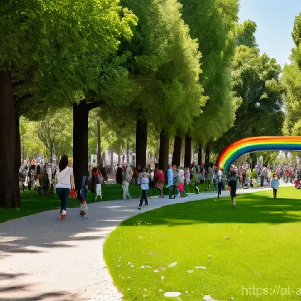 사운드 아트와 공공 예술의 관계 - **"A vibrant urban park in Lisbon, Portugal, bustling with diverse people of all ages enjoying an in...