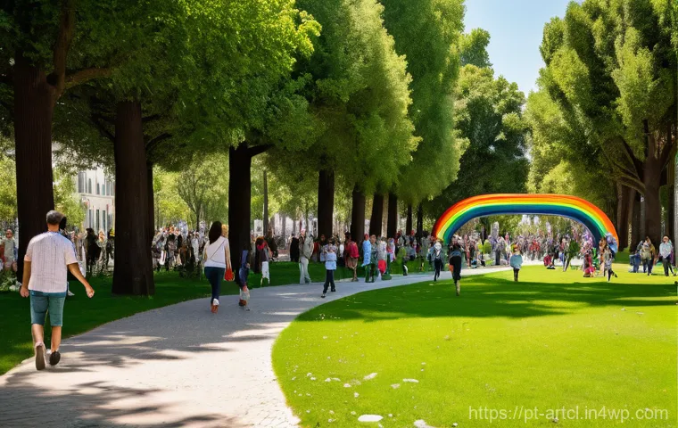 사운드 아트와 공공 예술의 관계 - **"A vibrant urban park in Lisbon, Portugal, bustling with diverse people of all ages enjoying an in...