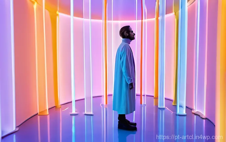 사운드 아트의 비평적 시각과 그 중요성 - **Prompt:** An immersive sound art installation within a futuristic, minimalist gallery space. The c...