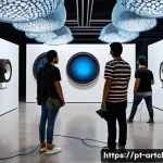 Home 22 사운드 아트의 전통과 현대의 접점 - A dynamic sound art installation in a contemporary Brazilian gallery, featuring diverse visitors wea...