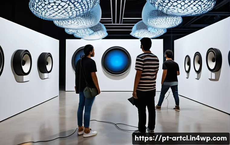 사운드 아트의 전통과 현대의 접점 - A dynamic sound art installation in a contemporary Brazilian gallery, featuring diverse visitors wea...