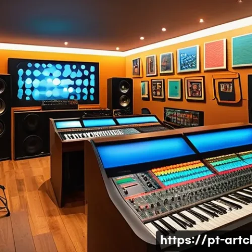 Home 33 사운드 아트 프로젝트의 효과적인 홍보 전략 - A modern sound art studio interior with a diverse group of young Brazilian artists collaborating; th...