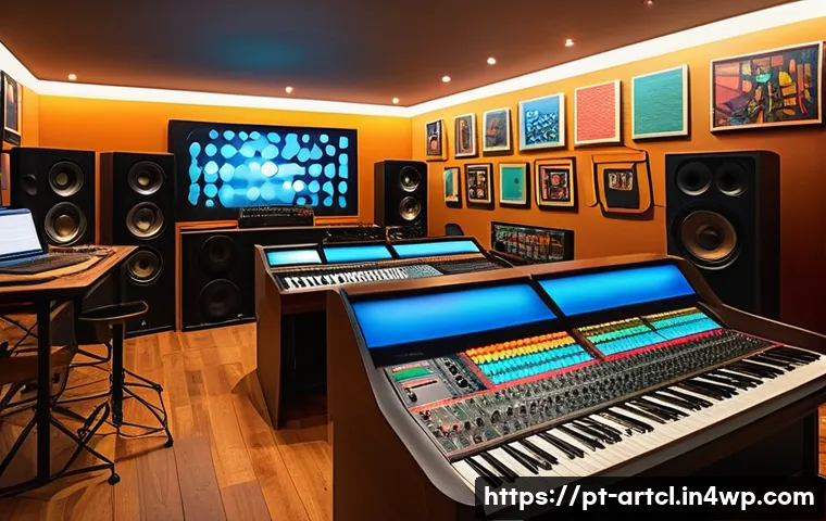 사운드 아트 프로젝트의 효과적인 홍보 전략 - A modern sound art studio interior with a diverse group of young Brazilian artists collaborating; th...
