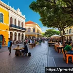 Home 20 사운드 아트 프로젝트에 적합한 전시 장소 - A vibrant urban public square in a Brazilian city during the late afternoon, bustling with diverse p...