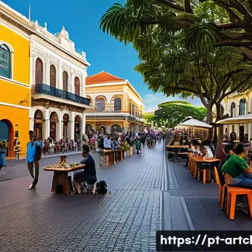 Home 32 사운드 아트 프로젝트에 적합한 전시 장소 - A vibrant urban public square in a Brazilian city during the late afternoon, bustling with diverse p...