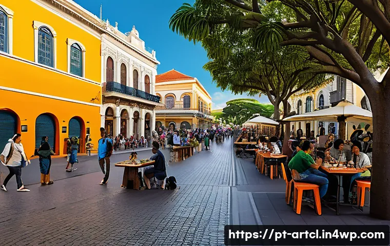 사운드 아트 프로젝트에 적합한 전시 장소 - A vibrant urban public square in a Brazilian city during the late afternoon, bustling with diverse p...