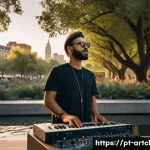 Home 19 사운드 아트에서 현장 경험의 중요성 - A contemporary sound artist performing in an urban open-air environment during golden hour, surround...