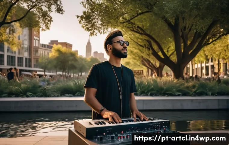 사운드 아트에서 현장 경험의 중요성 - A contemporary sound artist performing in an urban open-air environment during golden hour, surround...