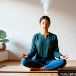 Home 23 사운드 아트의 감정적 반응 유도하기 - A serene meditation scene featuring a young adult woman sitting cross-legged on a wooden floor in a ...