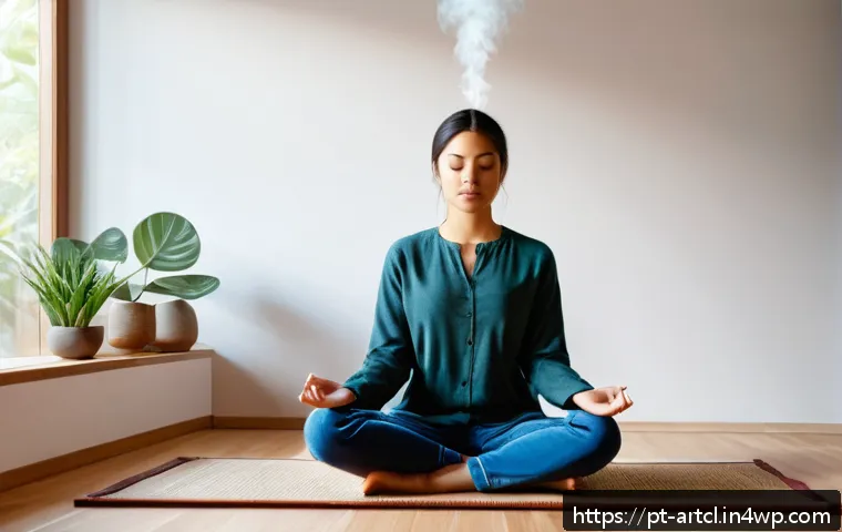 사운드 아트의 감정적 반응 유도하기 - A serene meditation scene featuring a young adult woman sitting cross-legged on a wooden floor in a ...