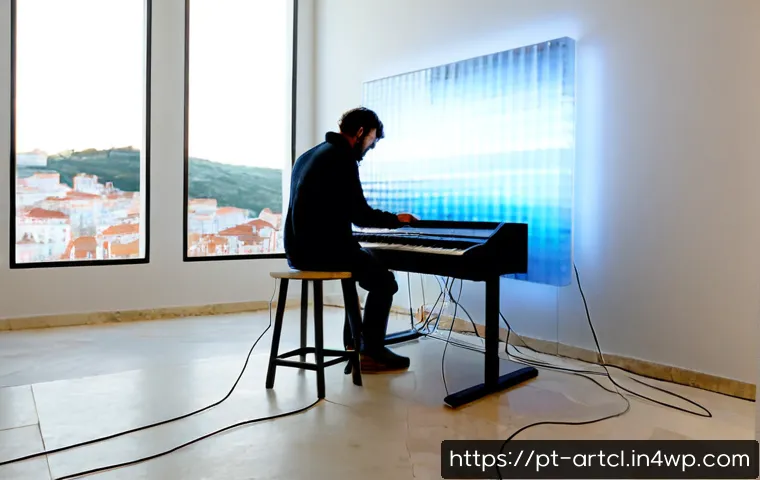Home 17 사운드 아트의 감각적 요소와 기술적 요소 통합 - Photorealistic sound art installation in a contemporary Lisbon gallery, a focused artist adjusting m...