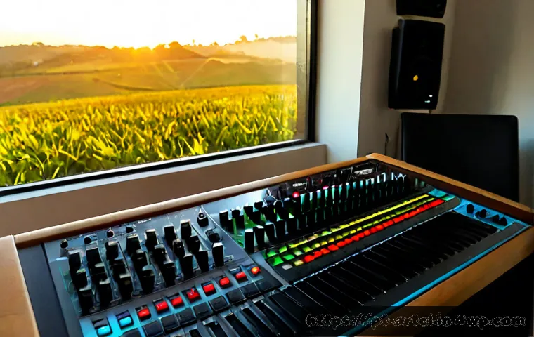 Home 17 사운드 아트에서 사용하는 소프트웨어 비교 - Photorealistic overhead view of a Brazilian sound artist’s tidy studio desk, two large computer moni...